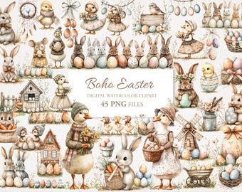 May include: A set of 45 digital watercolor clipart images featuring a boho Easter theme. The images include bunnies, chicks, ducks, eggs, flowers, and other Easter-themed elements. The images are perfect for creating invitations, cards, scrapbook pages, and other crafts.