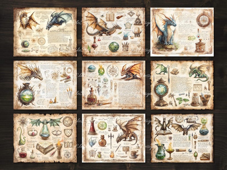 May include: Set of nine vintage-style illustrations featuring dragons, potions, and magical objects. Each illustration is framed with a parchment-like border and includes handwritten text and symbols.