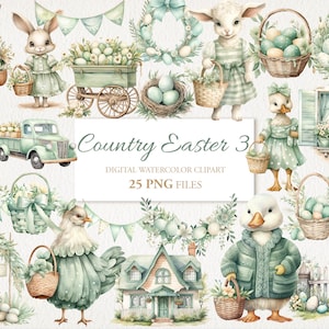 Country Farmhouse Páscoa Aquarela Clipart PNG Pacote. Ilustração de IA. Download instantâneo para uso comercial. Cartão de diário indesejado. PACOTE 25