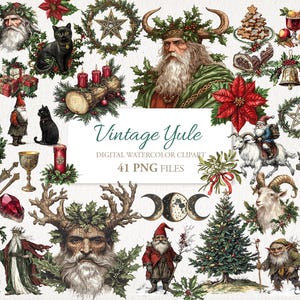 Peut inclure: Ensemble de clipart numérique aquarelle vintage Yule avec 41 fichiers PNG. L'ensemble comprend des illustrations d'une figure cornue, d'un homme vert, d'un gnome, d'une chèvre, d'un sapin de Noël, d'une étoile de Noël, d'un pentagramme, d'un croissant de lune et d'autres images de fêtes d'hiver.