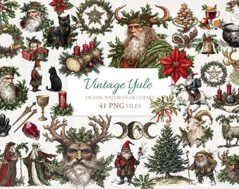 May include: Vintage Yule digital watercolor clipart set with 41 PNG files. The set includes illustrations of a horned figure, a green man, a gnome, a goat, a Christmas tree, a poinsettia, a pentagram, a crescent moon, and other winter holiday imagery.