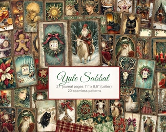 Yule Sabbat Wiccan Junk Journal. Seamless Pattern. Wicca Magic Printable Double Pages, Craft Paper. Digital Download. 47 PACK