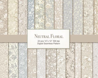 May include: A collection of 22 digital seamless patterns with neutral floral designs. The patterns feature various floral arrangements in shades of beige, cream, and gray. The image includes the text "Neutral Floral" and pattern dimensions of 12" x 12".