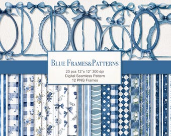 Watercolor Blue Coquette Bow Frame and Seamless Pattern Papers ...