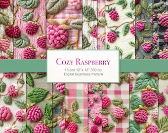 Cozy Raspberry Berries Seamless Pattern. Knitted Felted Embroidered Digital Paper. Commercial Use. Crafting Scrapbook Junk Journal. 16 PACK