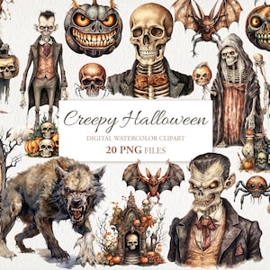 Creepy Spooky Halloween Watercolor Clipart PNG Bundle. Vampire, Witch, Spider. AI Illustration. Commercial Use. Scrapbook Junk Journal