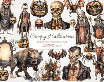 Kuslig Halloween akvarell Clipart PNG-paket. Vampyr, häxa, spindel. AI-illustration. Kommersiellt bruk. Scrapbook-skräpjournal.