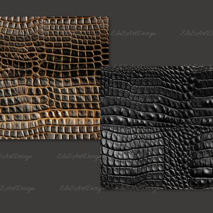 May include: Two close-up images of crocodile skin texture. The first image shows a brown crocodile skin texture. The second image shows a black crocodile skin texture.