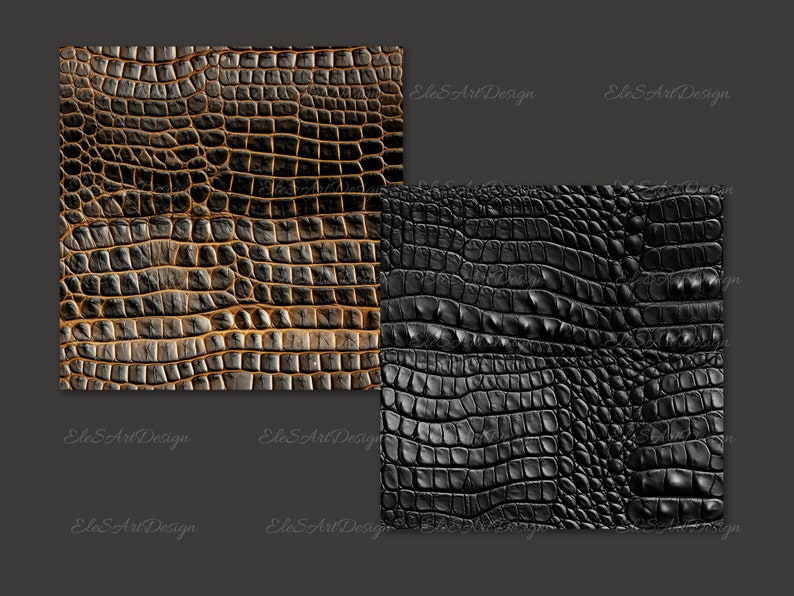 May include: Two close-up images of crocodile skin texture. The first image shows a brown crocodile skin texture. The second image shows a black crocodile skin texture.