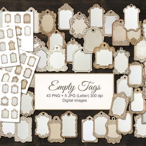 43 lege png-labels, labels, labels. Vintage Victoriaanse tags voor ephemera junk journal. Digitale download. + 5 JPG-afdrukbladen