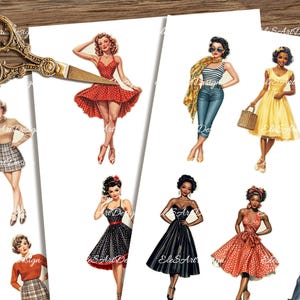 May include: Digital collage sheet featuring ten illustrations of women in vintage clothing styles. The women are wearing dresses, skirts, and pants in various colors and patterns.