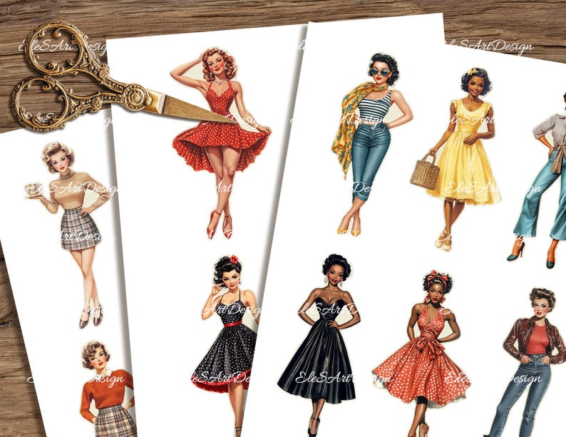 May include: Digital collage sheet featuring ten illustrations of women in vintage clothing styles. The women are wearing dresses, skirts, and pants in various colors and patterns.