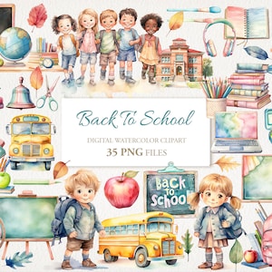De volta às aulas aquarela clipart PNG pacote. Ilustração de IA. Download instantâneo para uso comercial. Cartão de diário indesejado. PACOTE 35