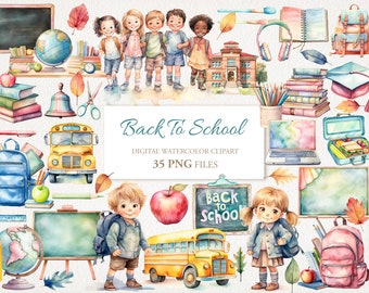Pode incluir: Um conjunto de clipart de aquarela com um tema de volta às aulas. O conjunto inclui um ônibus escolar, uma mochila, uma lancheira, um laptop, um quadro-negro, um globo terrestre, um sino, um lápis, um livro, um chapéu de formatura, uma maçã vermelha, uma menina e um menino com mochilas, e o texto "Back to School".
