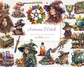 Autumn Witch Witchcraft Watercolor Clipart PNG Bundle. AI Illustration. Digital Download for Commercial Use. Scrapbook Grimoire Junk Journal