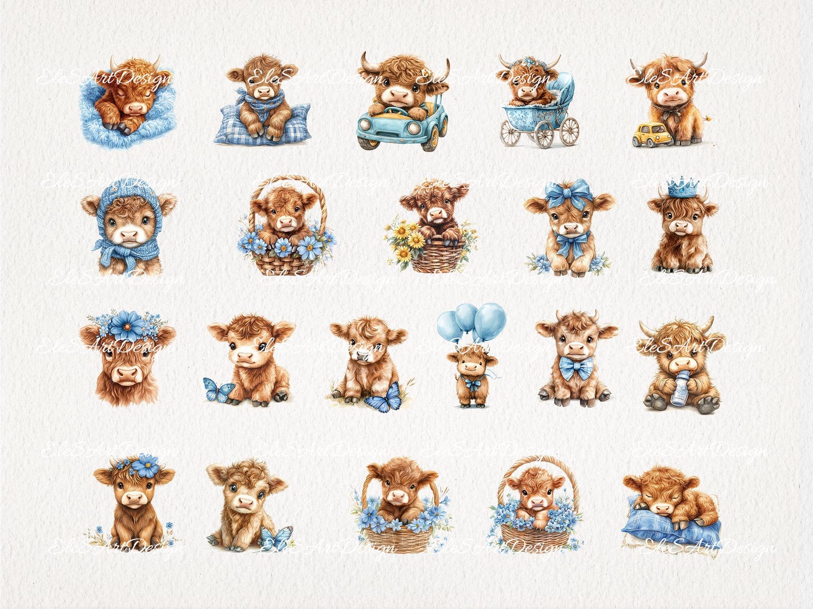 Baby Boy Highland Cow Watercolor Clipart PNG Bundle. Newborn Children ...