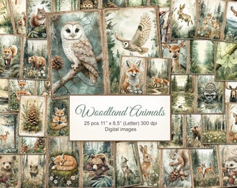 Woodland Animal Forest Junk Journal Printable Double Pages. Digital Download.  25 PACK