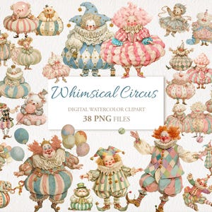 Lot de cliparts lunatiques pastels drôles de clowns excentriques animaux du cirque. Illustration de l'IA. Utilisation commerciale. Cartes de journal pour scrapbooking. 38 PNG