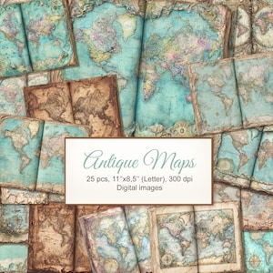 May include: A collection of antique maps with a vintage aesthetic. The maps feature a teal and brown color palette, with visible details of continents and oceans. The image includes the text "Antique Maps".
