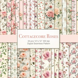 May include: A set of 34 digital seamless patterns featuring cottagecore roses in various shades of pink and white on a cream background. The patterns are 12 inches by 12 inches and 300 dpi.