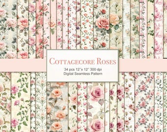 May include: A set of 34 digital seamless patterns featuring cottagecore roses in various shades of pink and white on a cream background. The patterns are 12 inches by 12 inches and 300 dpi.