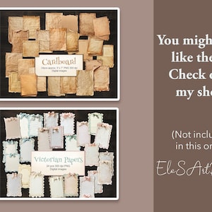 May include: Two digital paper packs for scrapbooking and digital design. The first pack is called "Cardboard" and features 24 brown paper textures. The second pack is called "Victorian Papers" and features 24 white and cream papers with lace trim.