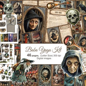 May include: A digital collage with a fantasy theme, featuring Baba Yaga imagery. The images include portraits, illustrations, and decorative elements such as skulls and mushrooms. Text reads "Baba Yaga Kit", with 46 pages of digital images. The style is vintage.