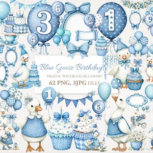 Blue Birthday Goose Party Watercolor Clipart Bundle, Seamless Pattern. AI Illustration. Commercial Use. Junk Journal Cards. 62 PNG 3 JPG