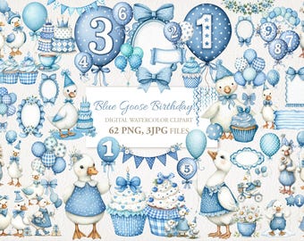 Blue Birthday Goose Party Watercolor Clipart Bundle, Seamless Pattern. AI Illustration. Commercial Use. Junk Journal Cards. 62 PNG 3 JPG