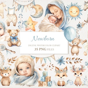Paquete PNG de imágenes prediseñadas de acuarela recién nacida azul marrón. Arte infantil para bebés. Ilustración de IA. Descarga instantánea para uso comercial. PAQUETE DE 35