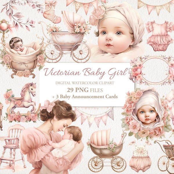 Victorian Newborn Girl Watercolor Clipart PNG Bundle. Baby Shower Children Nursery Art.  AI Illustration. Instant Download Commercial Use