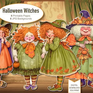 ハロウィンの魔女。印刷可能なペーパードール、ファジーカット。ジャンクジャーナルのエフェメラ。デジタルダウンロード。JPG 6枚、背景6枚