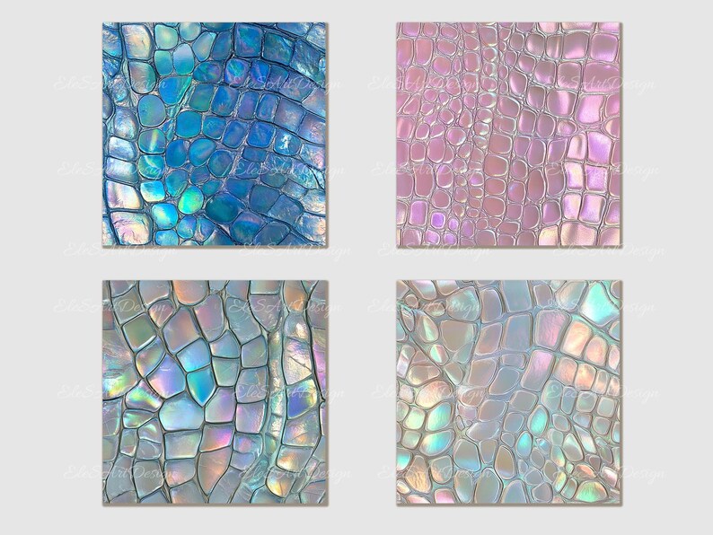 May include: Four digital paper patterns featuring iridescent blue, pink, and white scales. The patterns are perfect for digital scrapbooking, crafting, and design projects.