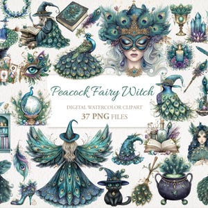 Lot de cliparts lunatiques, fée, paon, aquarelle, magique, fantastique. Illustration IA à usage commercial. Journal de déchets de scrapbooking. 37 PNG