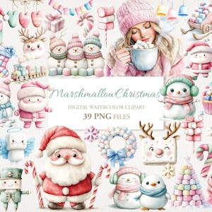 かわいい甘いマシュマロのクリスマス クリップアート PNG バンドル。AI イラスト。商用利用。スクラップブック ジャンク ジャーナル。39 PNG