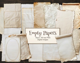 18 PNG Empty Sheets of Paper. Vintage Old Paper Parchment for Junk Journal Ephemera. Digital Download.