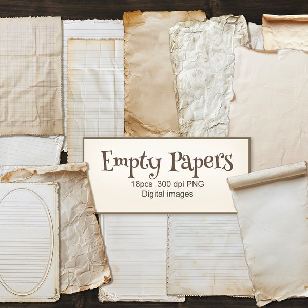 18 PNG Empty Sheets of Paper. Vintage Old Paper Parchment for Junk Journal Ephemera. Digital Download.