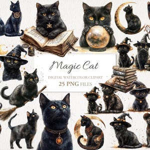 Paquete PNG de imágenes prediseñadas de acuarela de gato negro mágico. Sombrero de bruja. Ilustración de IA. Uso comercial de descarga instantánea. Diario basura del álbum de recortes. PAQUETE DE 25