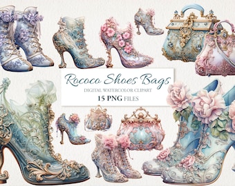Paquete de imágenes prediseñadas PNG de moda victoriana rococó vintage con zapatos y bolsos en acuarela. Ilustración en formato AI. Descarga instantánea para uso comercial.