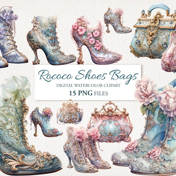 Victorian Rococo Vintage Shoes Bags Fashion Watercolor Clipart PNG Bundle. AI Illustration. Instant Download for Commercial Use