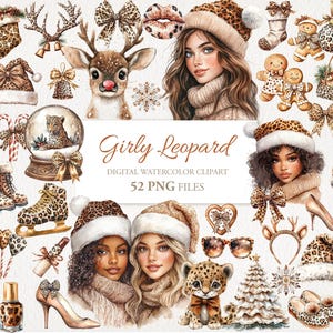 Könnte beinhalten: Ein digitaler Aquarell-Clipart-Satz mit einem Girly-Leopard-Thema. Das Set enthält 52 PNG-Dateien mit verschiedenen Elementen wie einem Mädchen mit einem Leopard-Hut, einem Rentier, einer Schneekugel, einem Weihnachtsbaum und anderen festlichen Gegenständen.