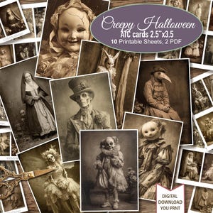 Gruselige Vintage Halloween Fotografien, viktorianische ATC Karten, Junk Journal Ephemera Digitaler Download, 10 druckbare Seiten, 2 PDF