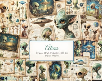 Aliens UFO Vintage Charts Junk Journal.  Fantasy Printable Pages.  Digital Download. 37 PACK