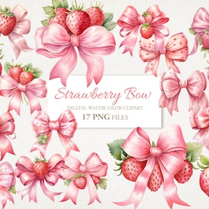 Lot de cliparts aquarelle avec noeud fraise. Sublimation coquette rose. Illustration de l'IA. Utilisation commerciale en téléchargement numérique. PAQUET DE 17