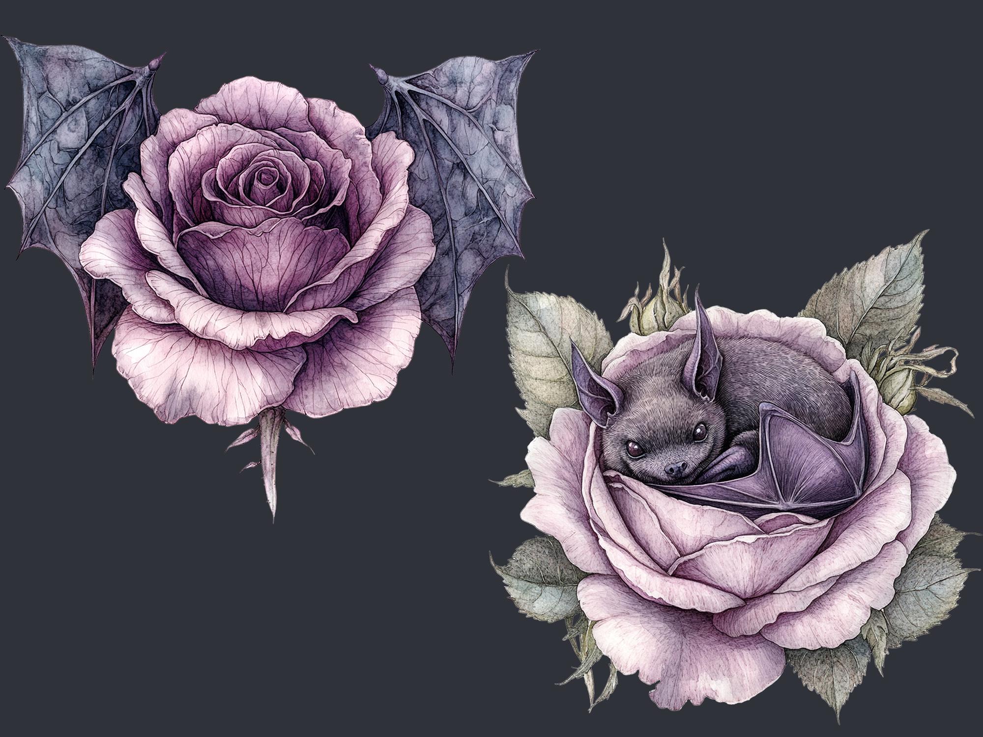 Bats and Roses Gothic Fantasy Watercolor Clipart Bundle. Pink and Black ...