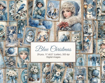 Puede incluir: Una colección de imágenes digitales con temática de vacaciones de invierno, con ilustraciones en tonos azules y blancos. Las imágenes incluyen retratos de mujeres, pájaros, adornos y otros elementos festivos. El texto "Blue Christmas" se muestra.