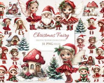 May include: Digital watercolor clipart featuring Christmas fairies, elves, and Santa Claus. The image includes illustrations of fairies in red dresses and hats, along with Christmas trees and houses. Text reads "Christmas Fairy" and "31 PNG FILES."