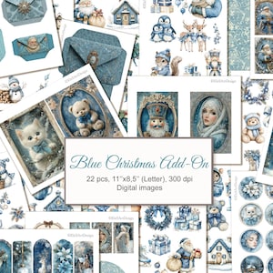 Könnte beinhalten: Eine Sammlung digitaler Bilder im blauen Weihnachtsthema. Die Bilder zeigen Illustrationen von Schneemännern, Teddybären, einem Kätzchen, dem Weihnachtsmann und anderen festlichen Elementen. Der Text "Blue Christmas Add-On" wird zusammen mit den Abmessungen und der Bildanzahl angezeigt.