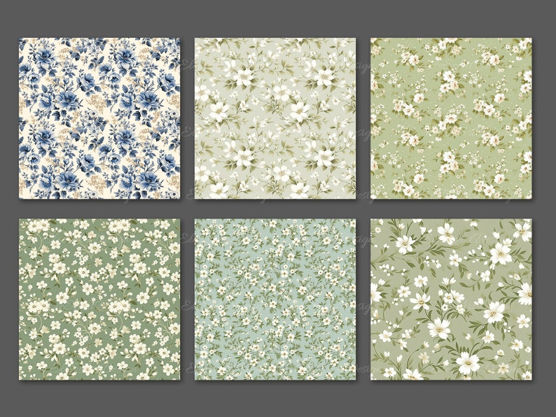 May include: Six fabric swatches with floral patterns. The patterns feature various arrangements of white and blue flowers on backgrounds of cream, green, and blue-green. The designs range from large blooms to small, delicate blossoms.