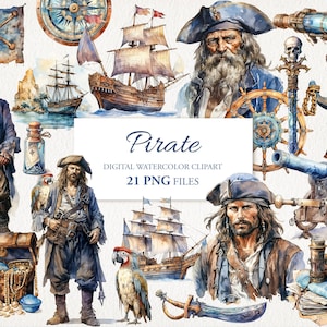 Pirate Nautische Aquarell Clipart PNG Bundle. KI Illustration. Digitaler Download. Kommerzielle Nutzung. Meer Scrapbook Junk Journal. 21 PACK